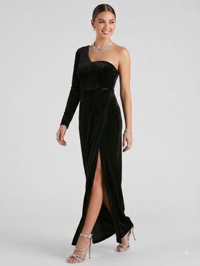 Lulus Mysterious Elegance Black Velvet One Shoulder Maxi Dress High Slit XS